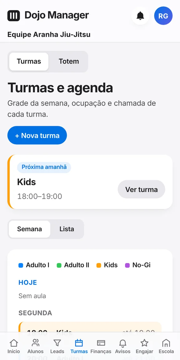 Agenda da semana com as turmas no celular