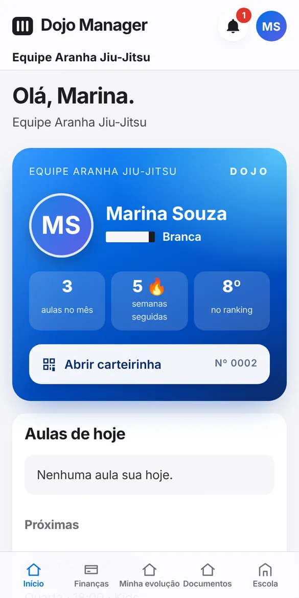 Carteirinha digital do aluno com QR e mensalidade em dia