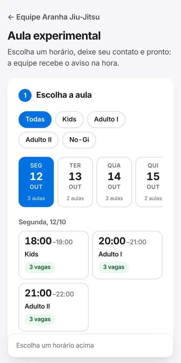 Agendamento de aula experimental na página da escola